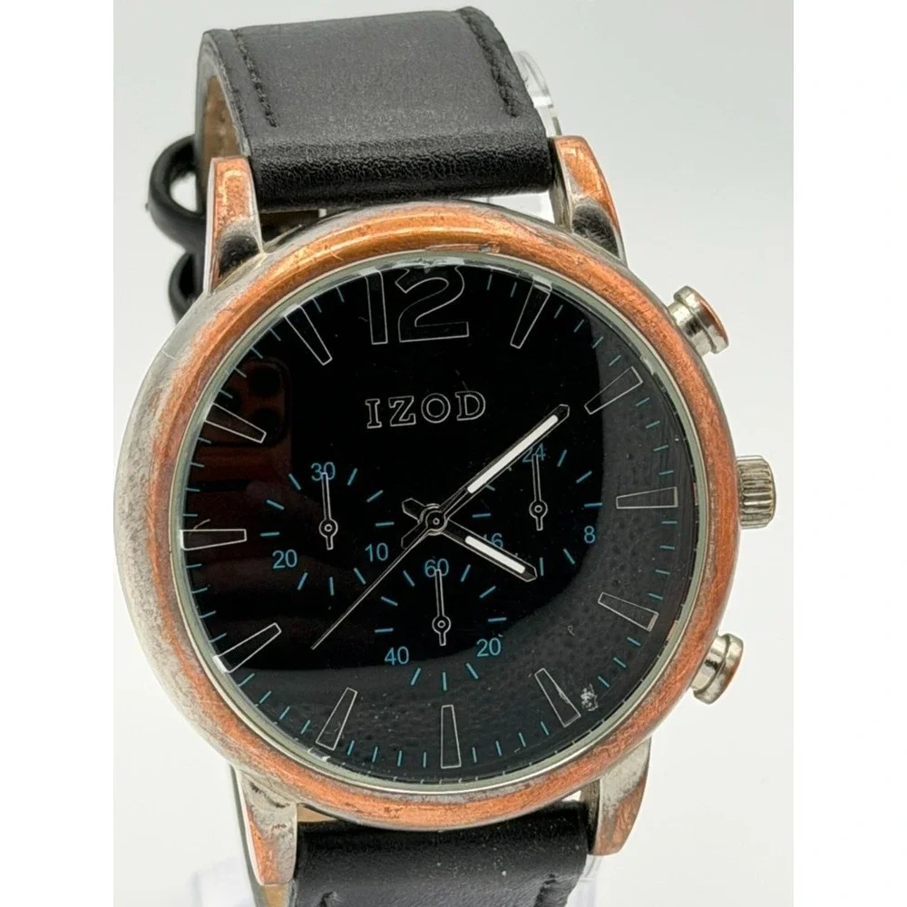 IZOD Chronograph Style Watch Black Dial Leather Strap Quartz Men's Wristwatch